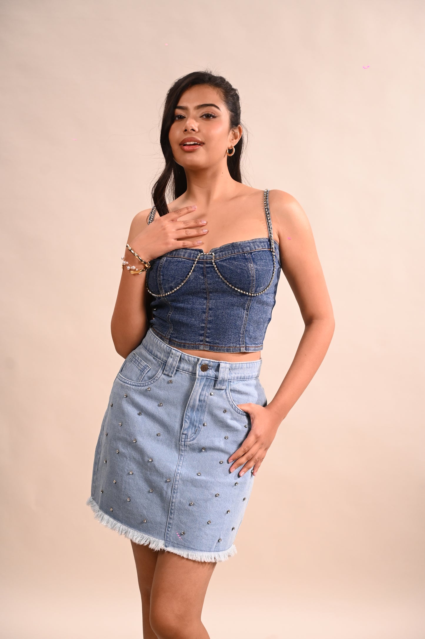 Rhinestone Embellished Denim Corset