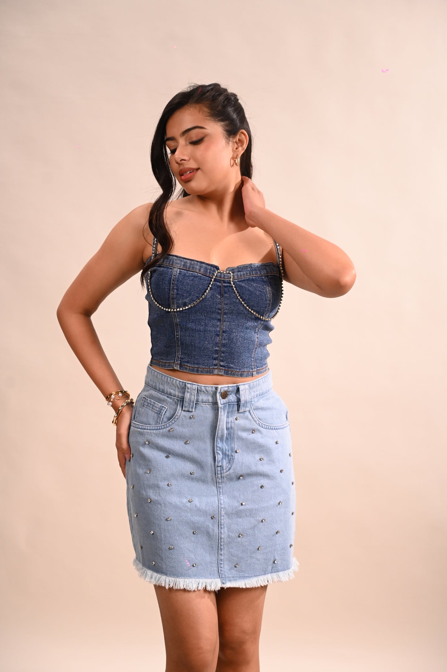 Rhinestone Embellished Denim Corset