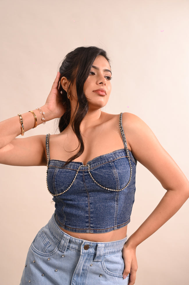 Rhinestone Embellished Denim Corset Main Image