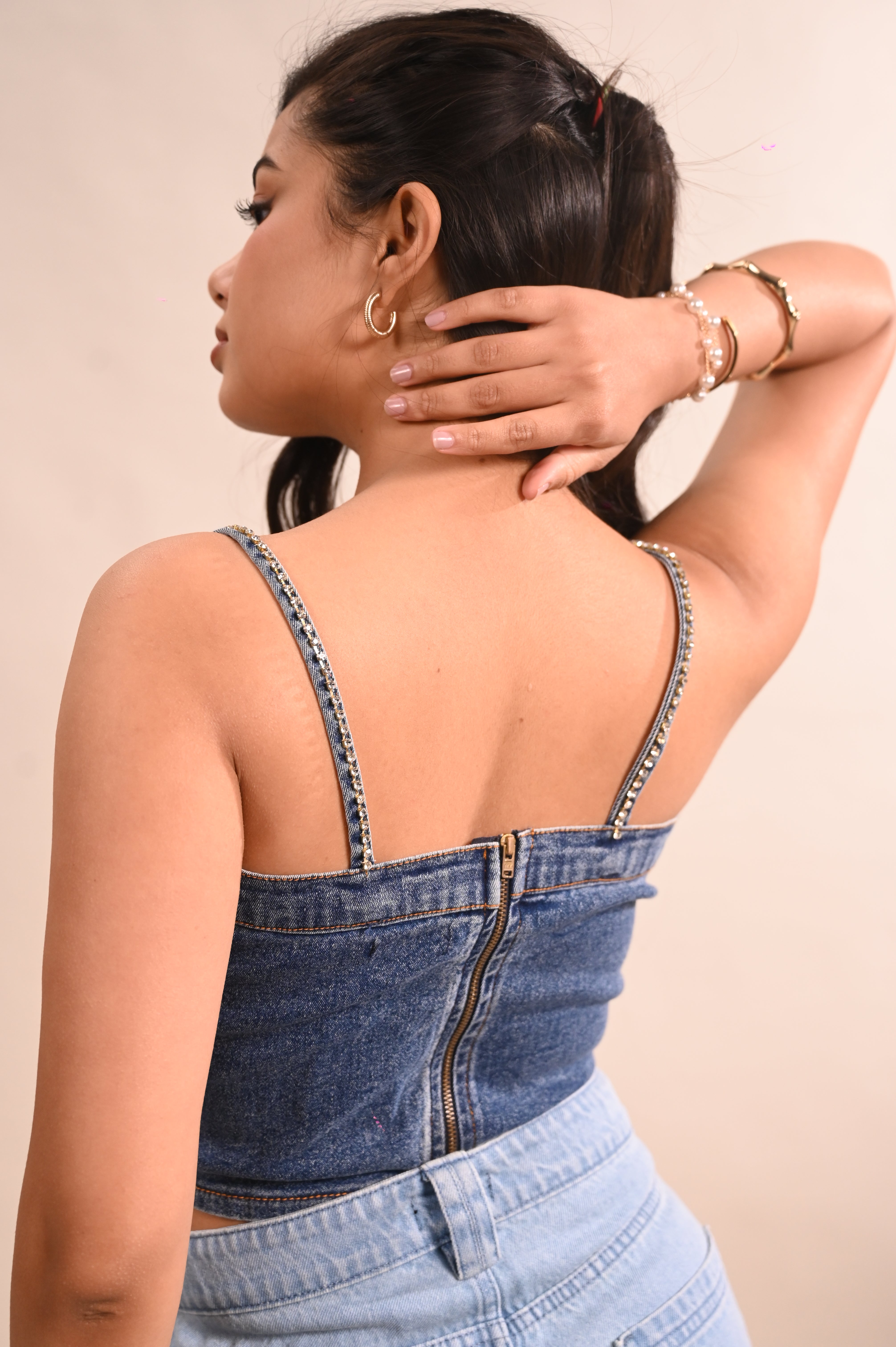 Rhinestone Embellished Denim Corset
