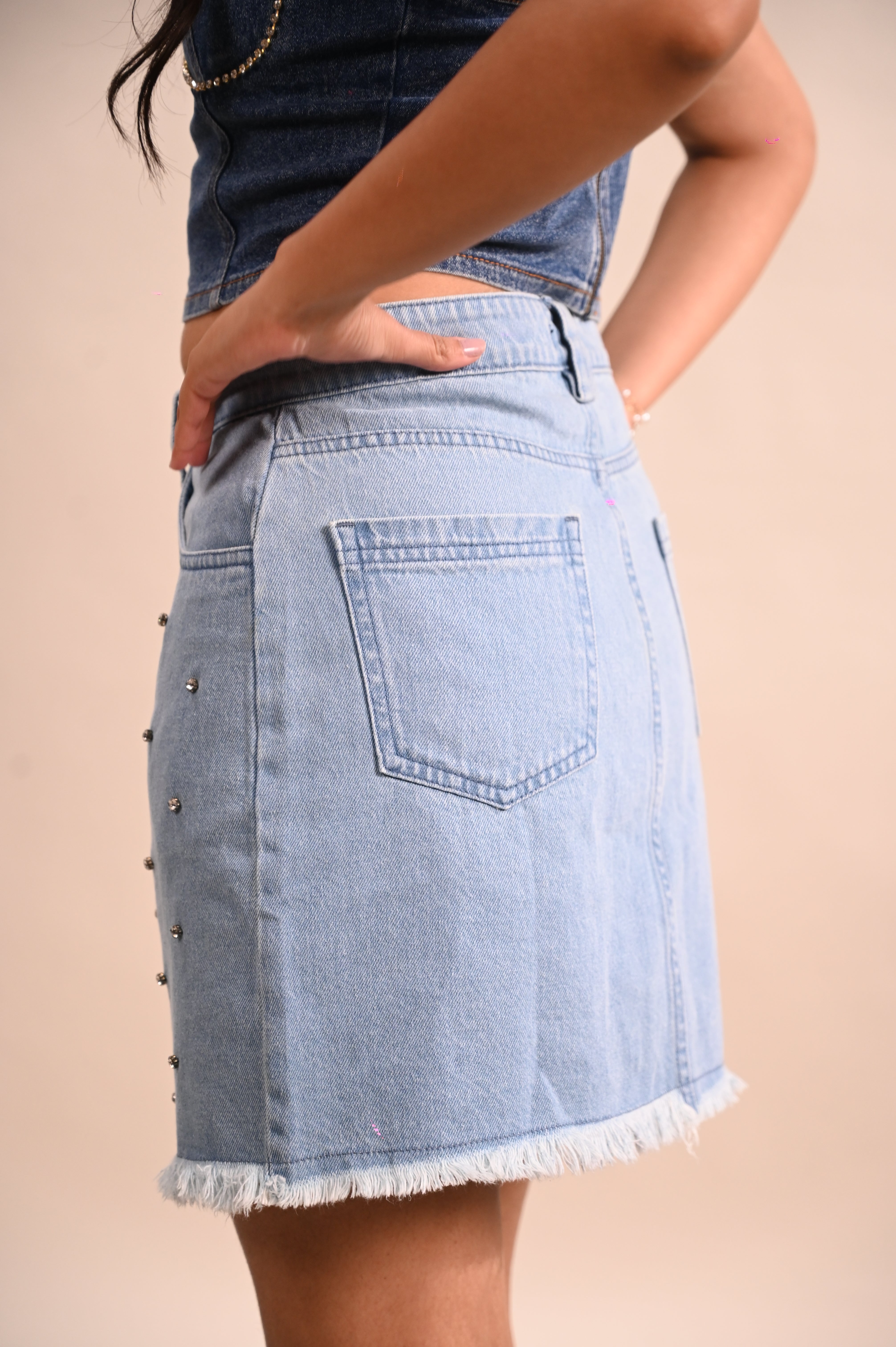Studded Rhinestone Raw Hem Denim Skirt