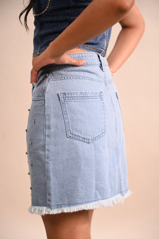 Studded Rhinestone Raw Hem Denim Skirt