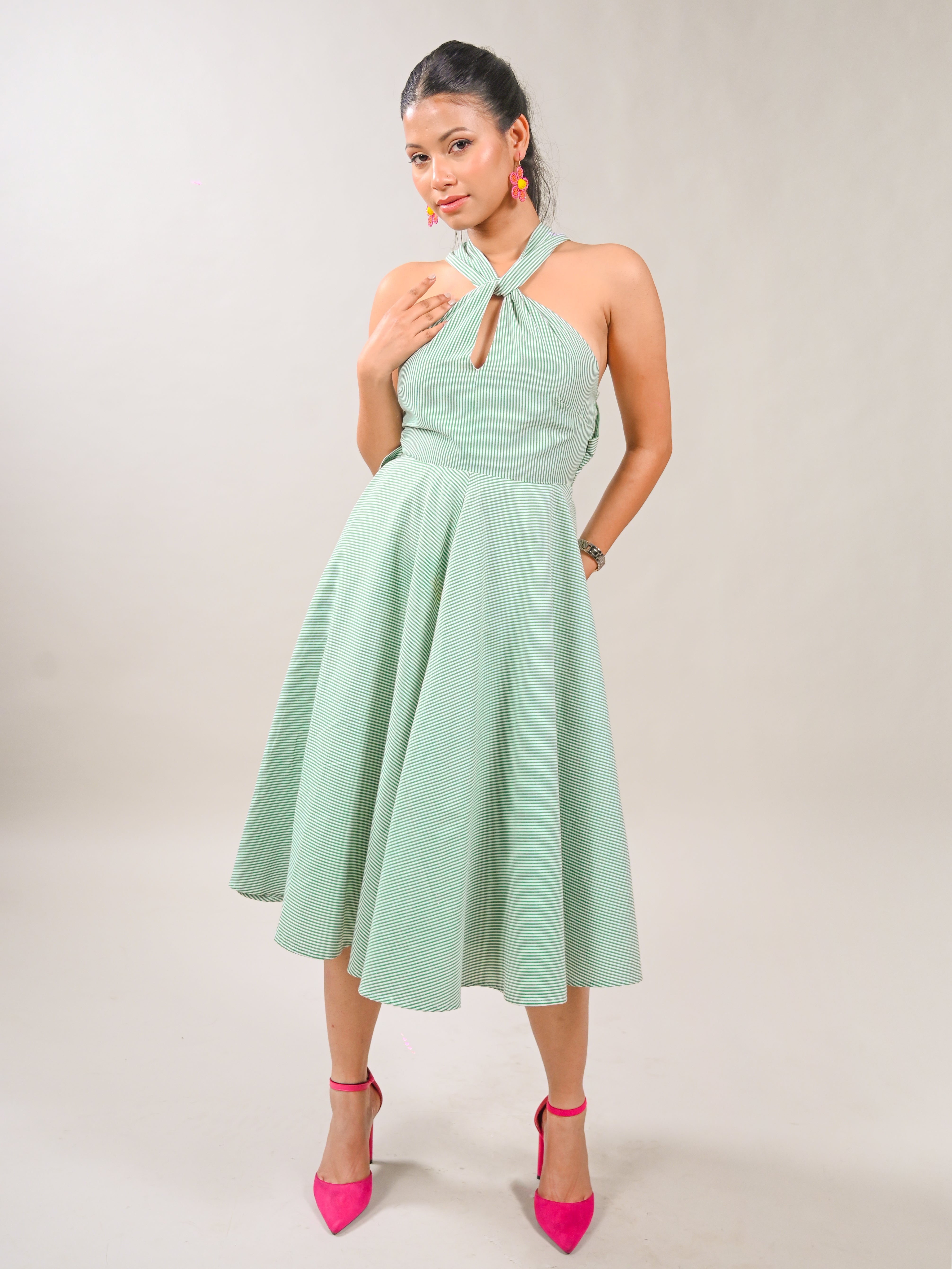 Twisted Halter Neck Flare Dress