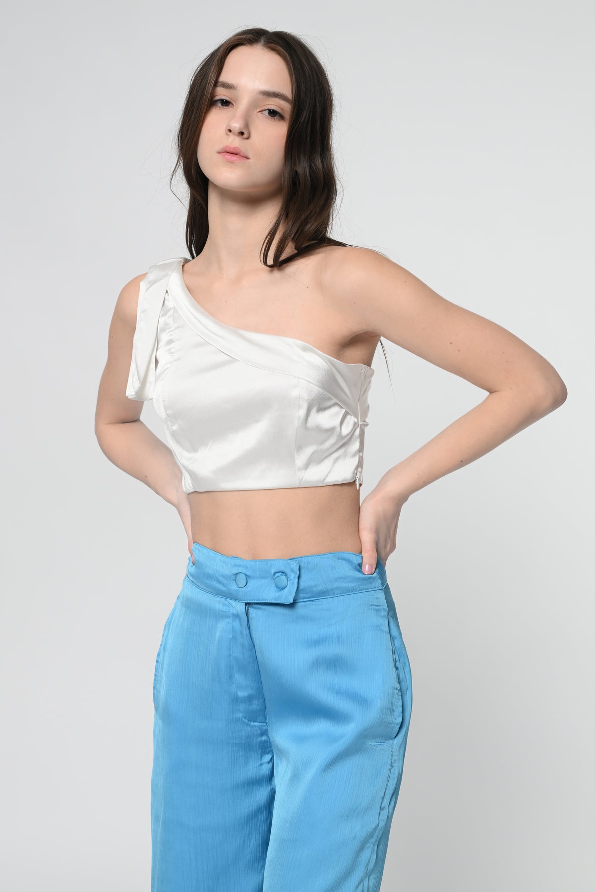White Satin One Shoulder Top