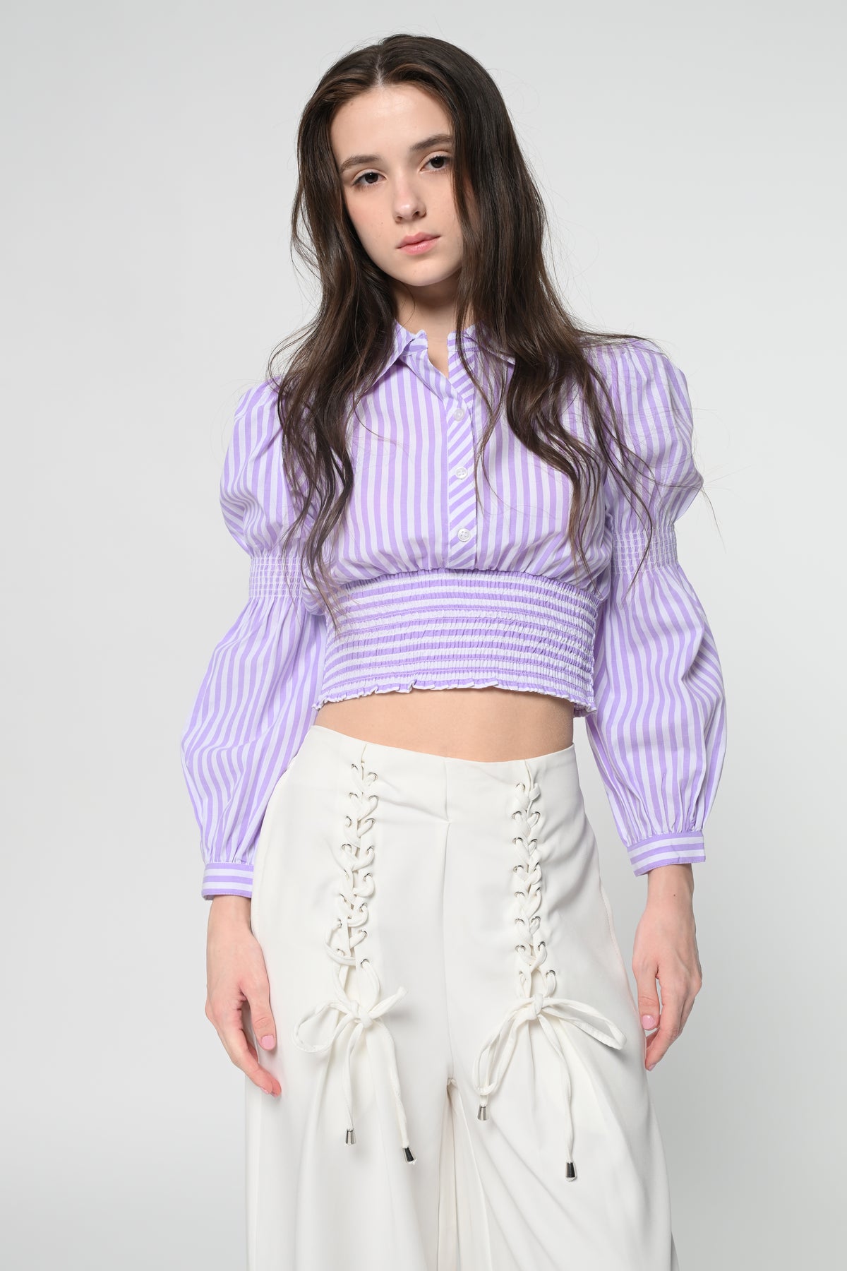 Lavender Striped Smocked Crop Top