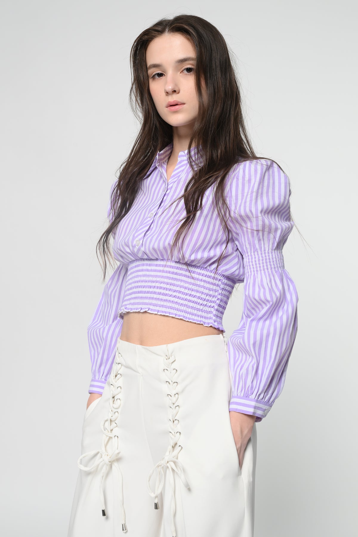 Lavender Striped Smocked Crop Top