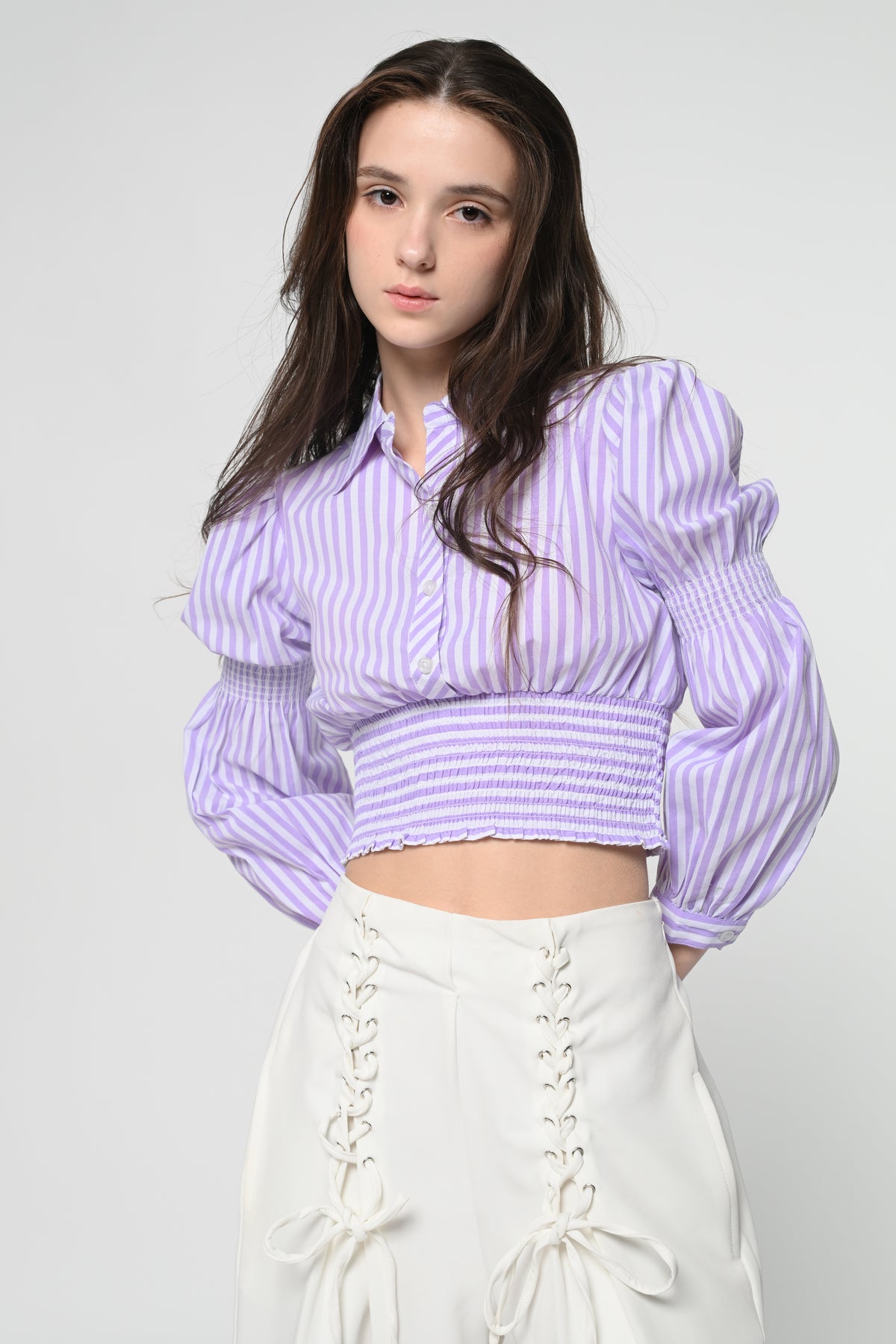 Lavender Striped Smocked Crop Top