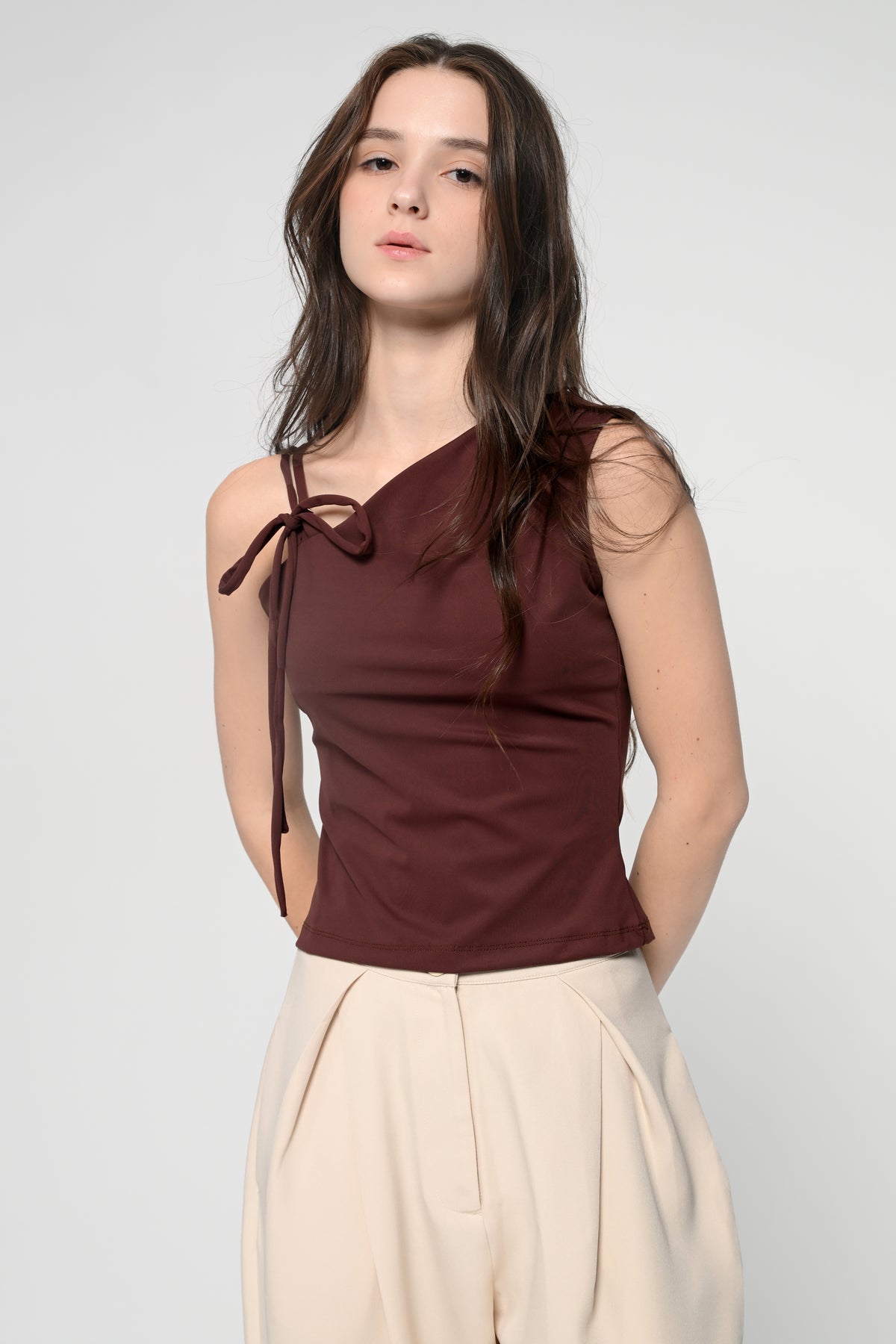 Brown One Shoulder Tie Top
