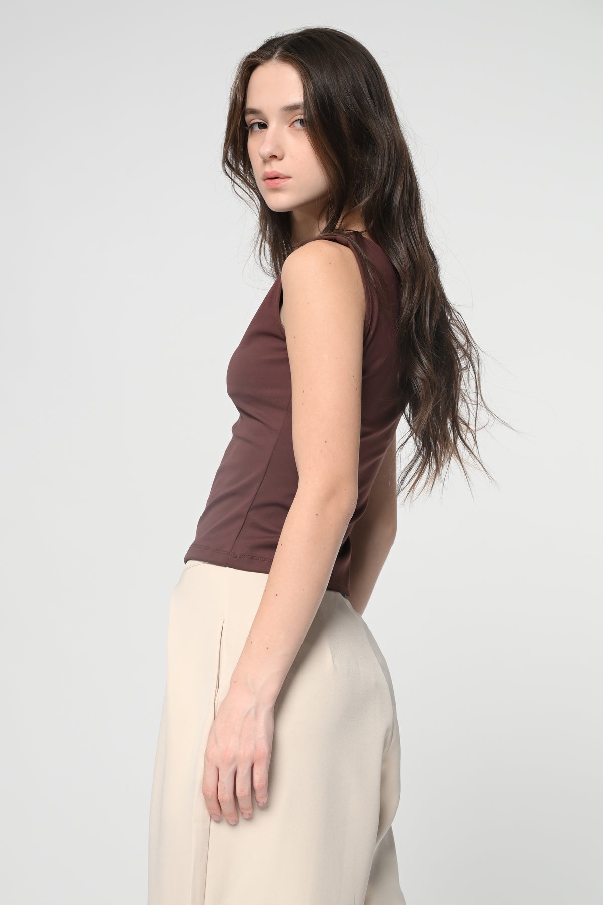 Brown One Shoulder Tie Top