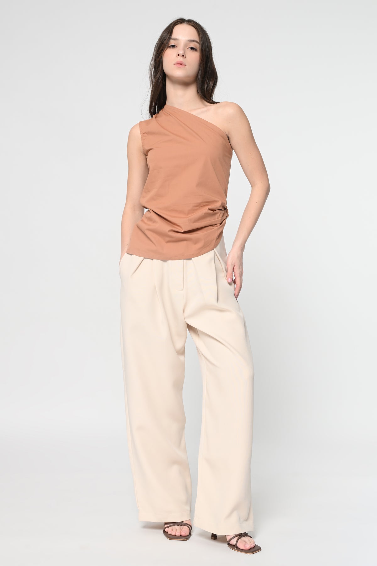 Brown One Shoulder Buckel Top