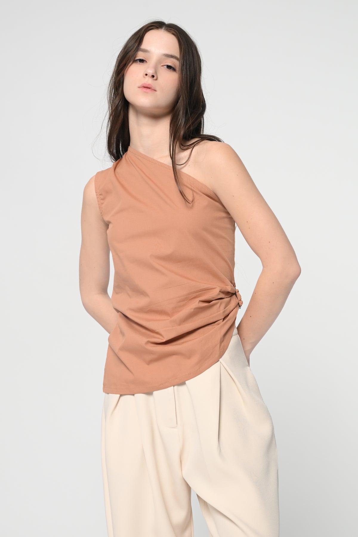 Brown One Shoulder Buckel Top