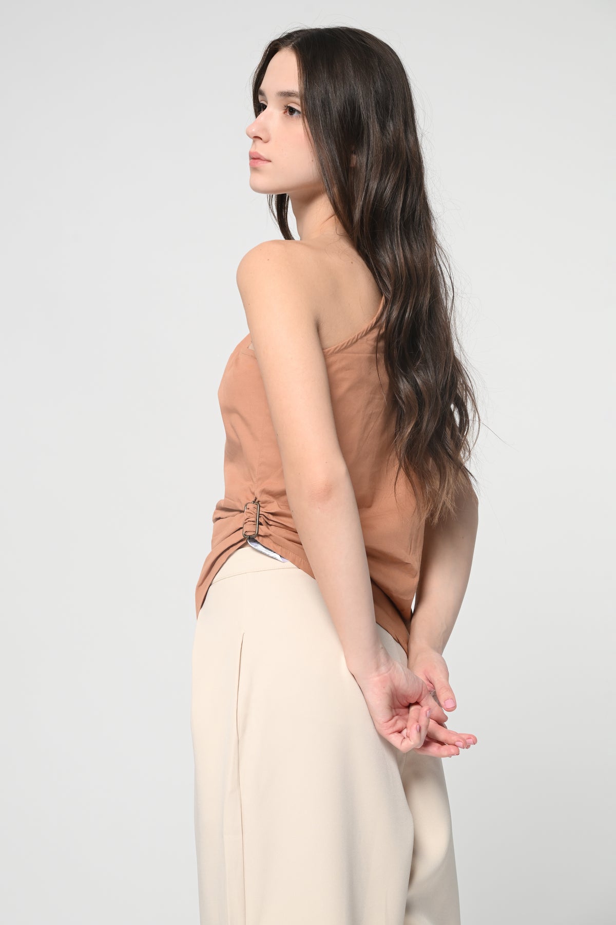 Brown One Shoulder Buckel Top