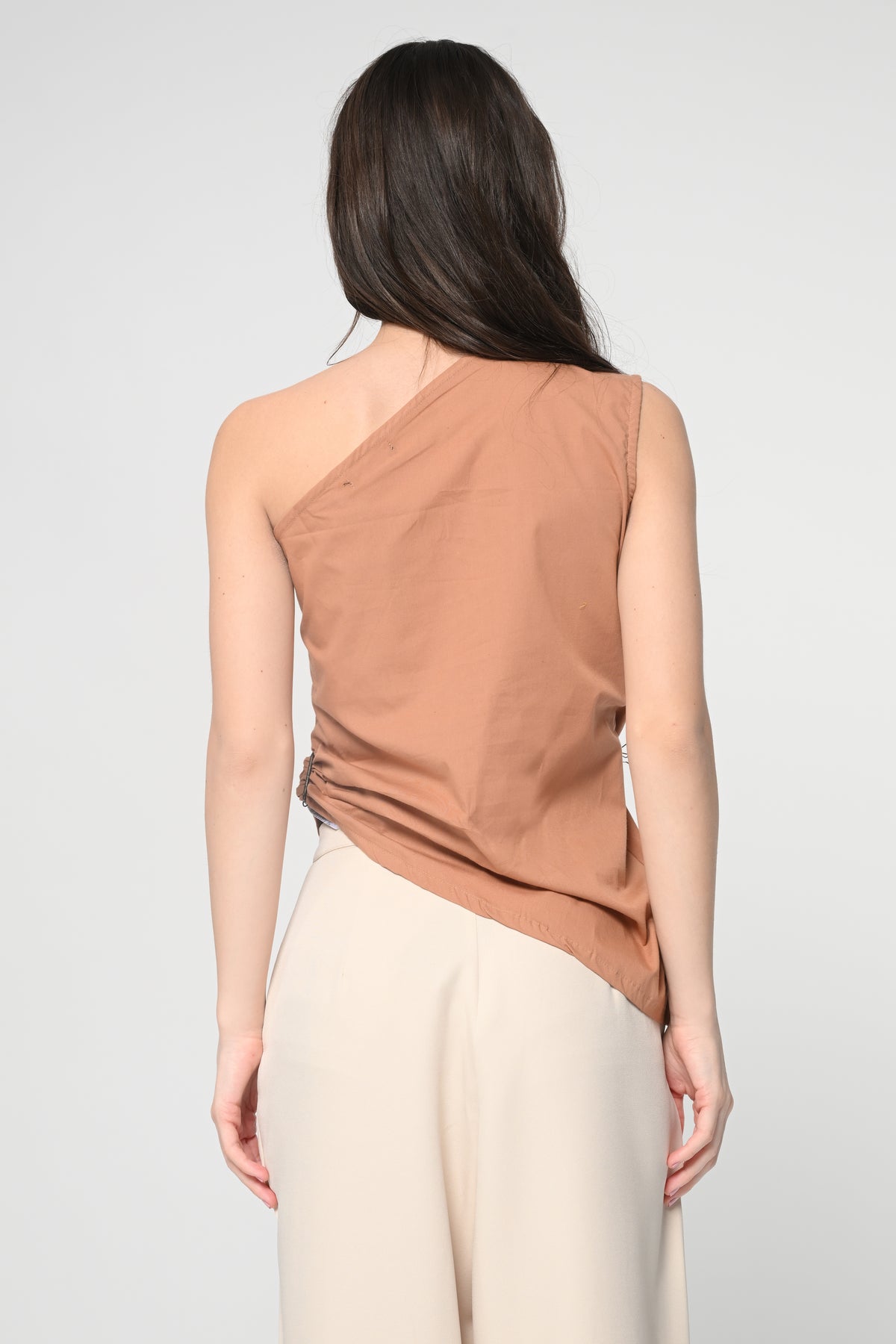 Brown One Shoulder Buckel Top