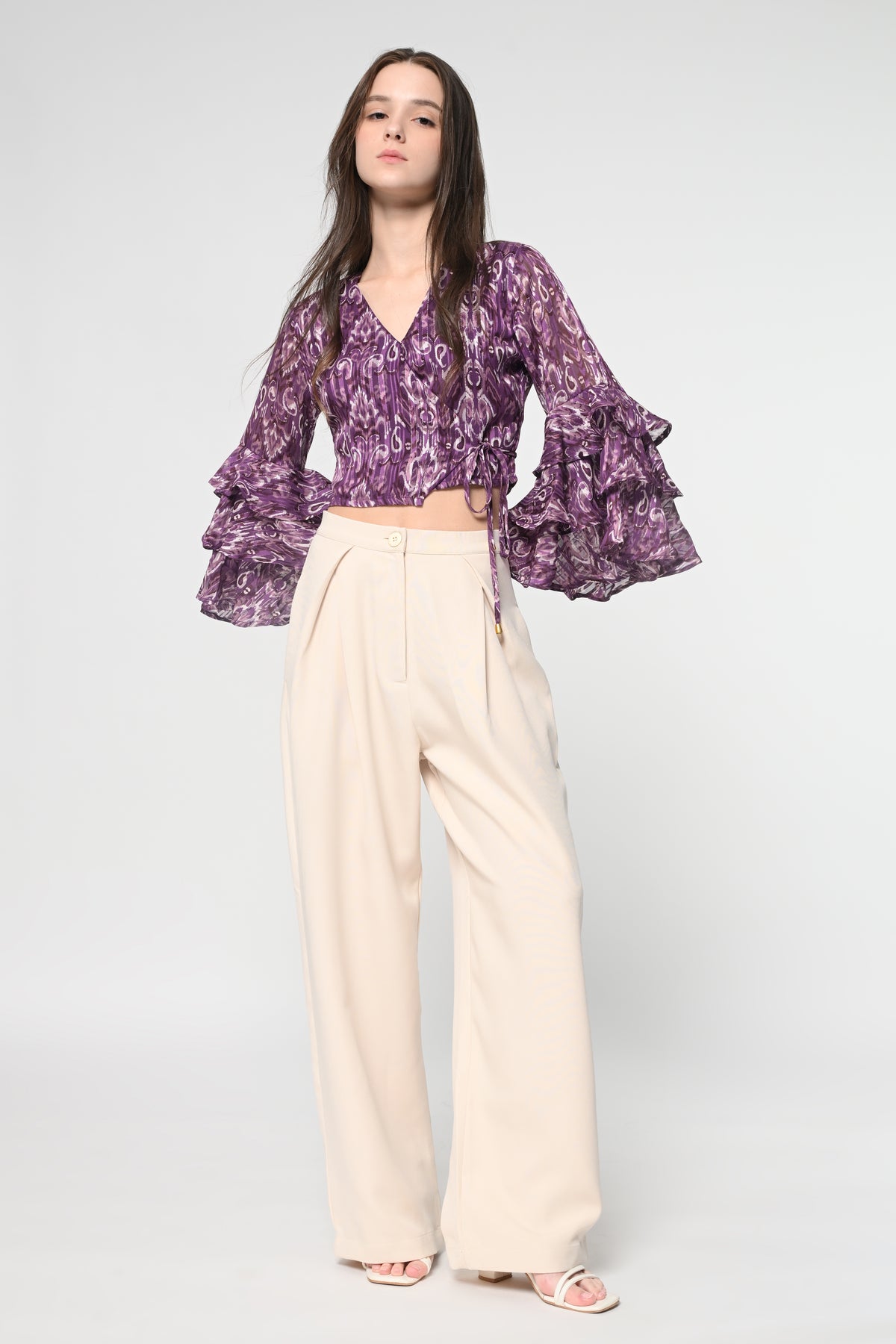 Purple Ikat Ruffle Sleeve Wrap Top