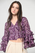 Purple Ikat Ruffle Sleeve Wrap Top