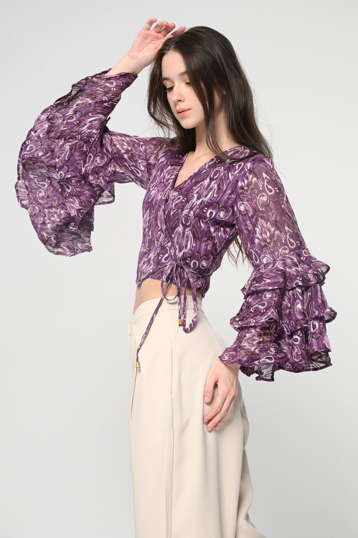 Purple Ikat Ruffle Sleeve Wrap Top