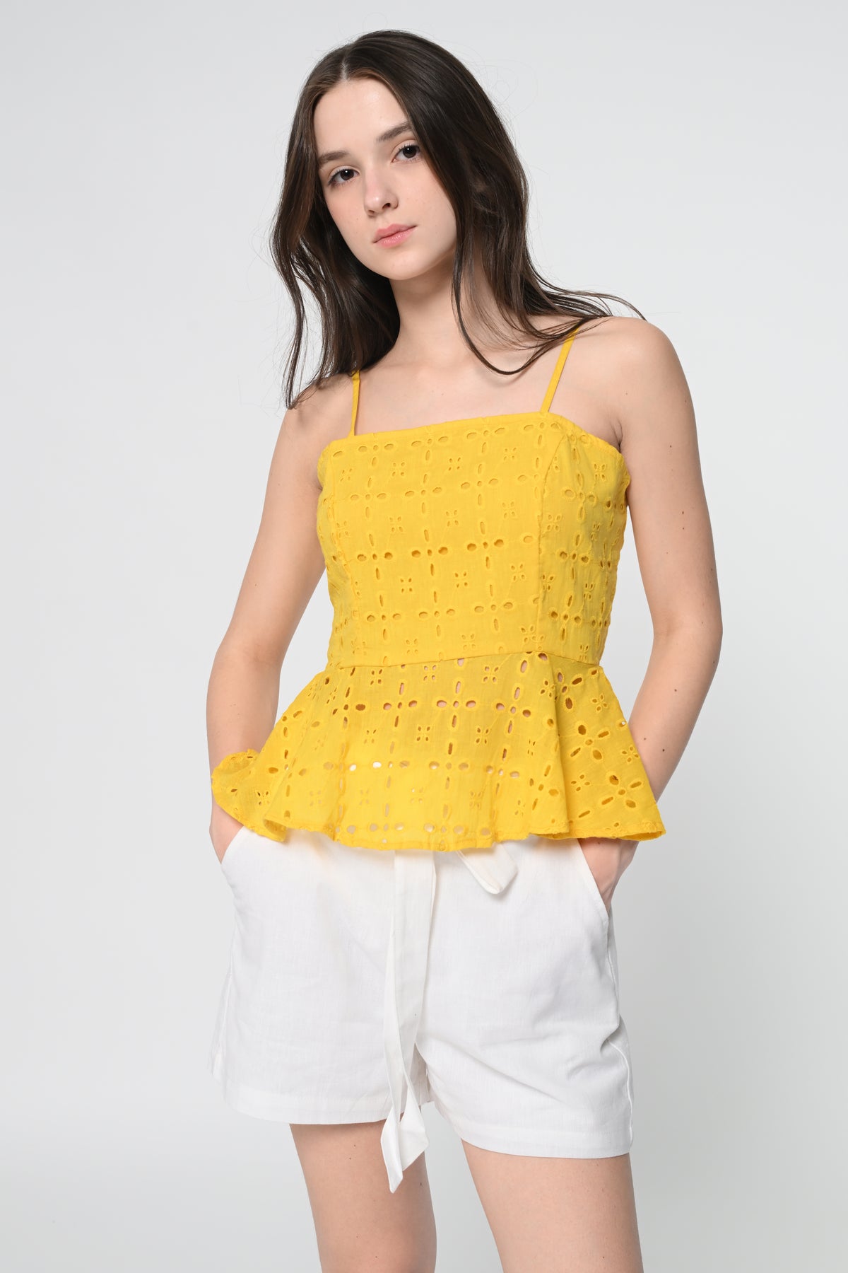 Yellow Schiffli Peplum Top