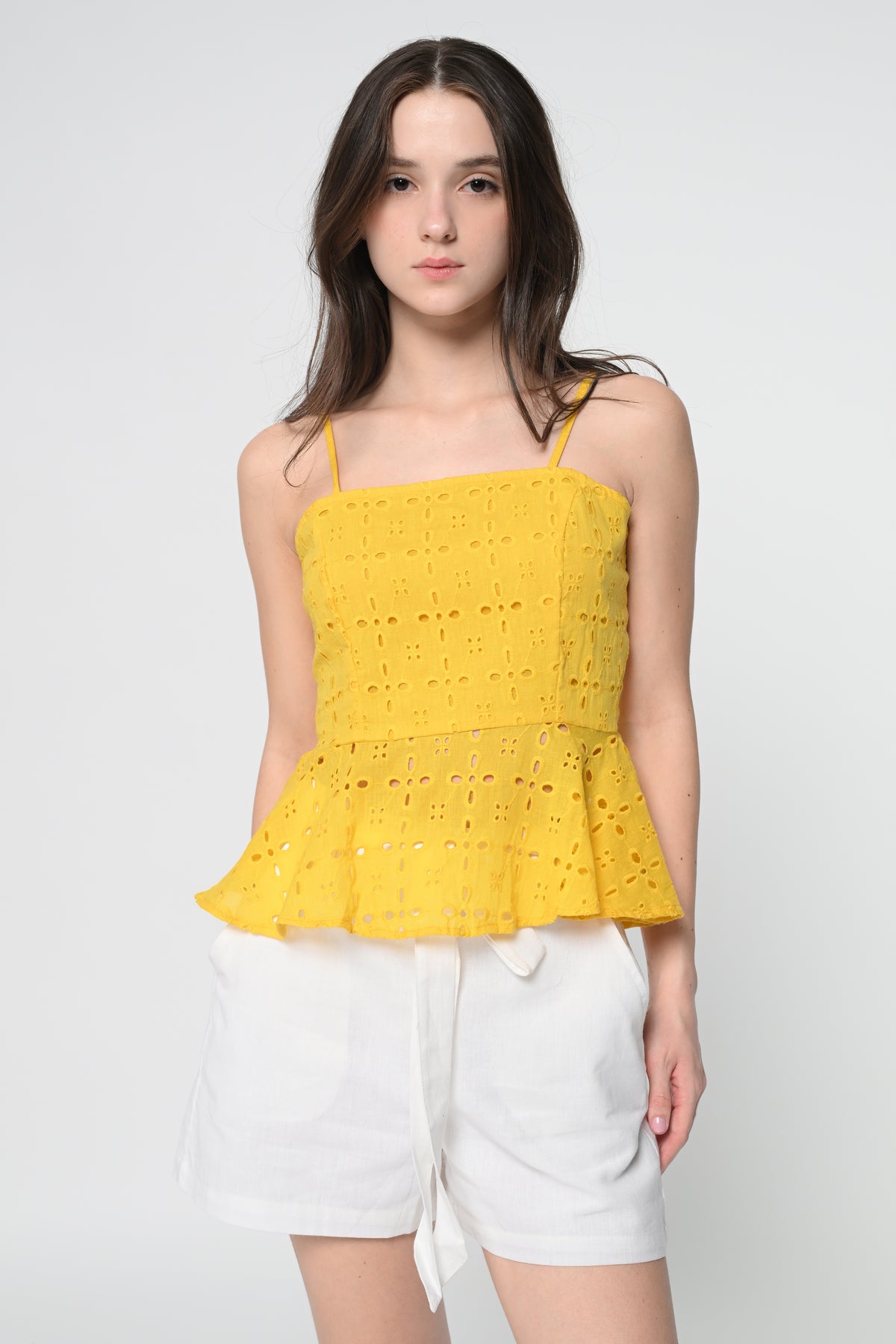 Yellow Schiffli Peplum Top