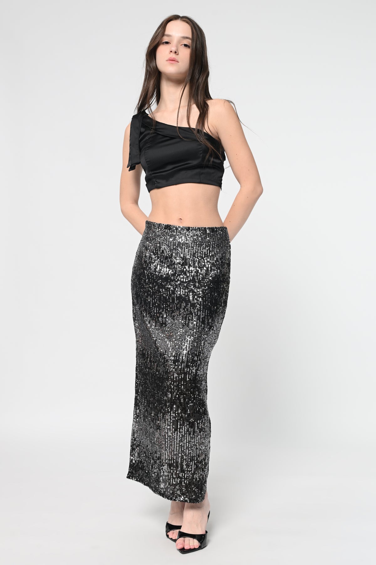 Black Satin One Shoulder Top