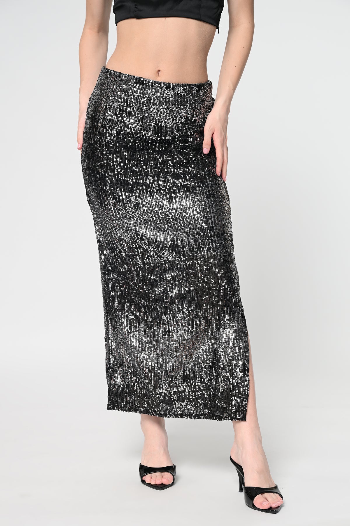 Black Sequins Side Slit Skirt