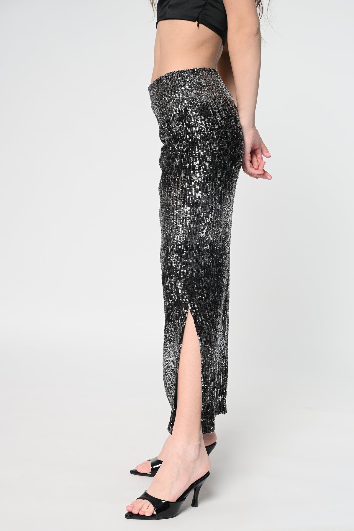 Black Sequins Side Slit Skirt