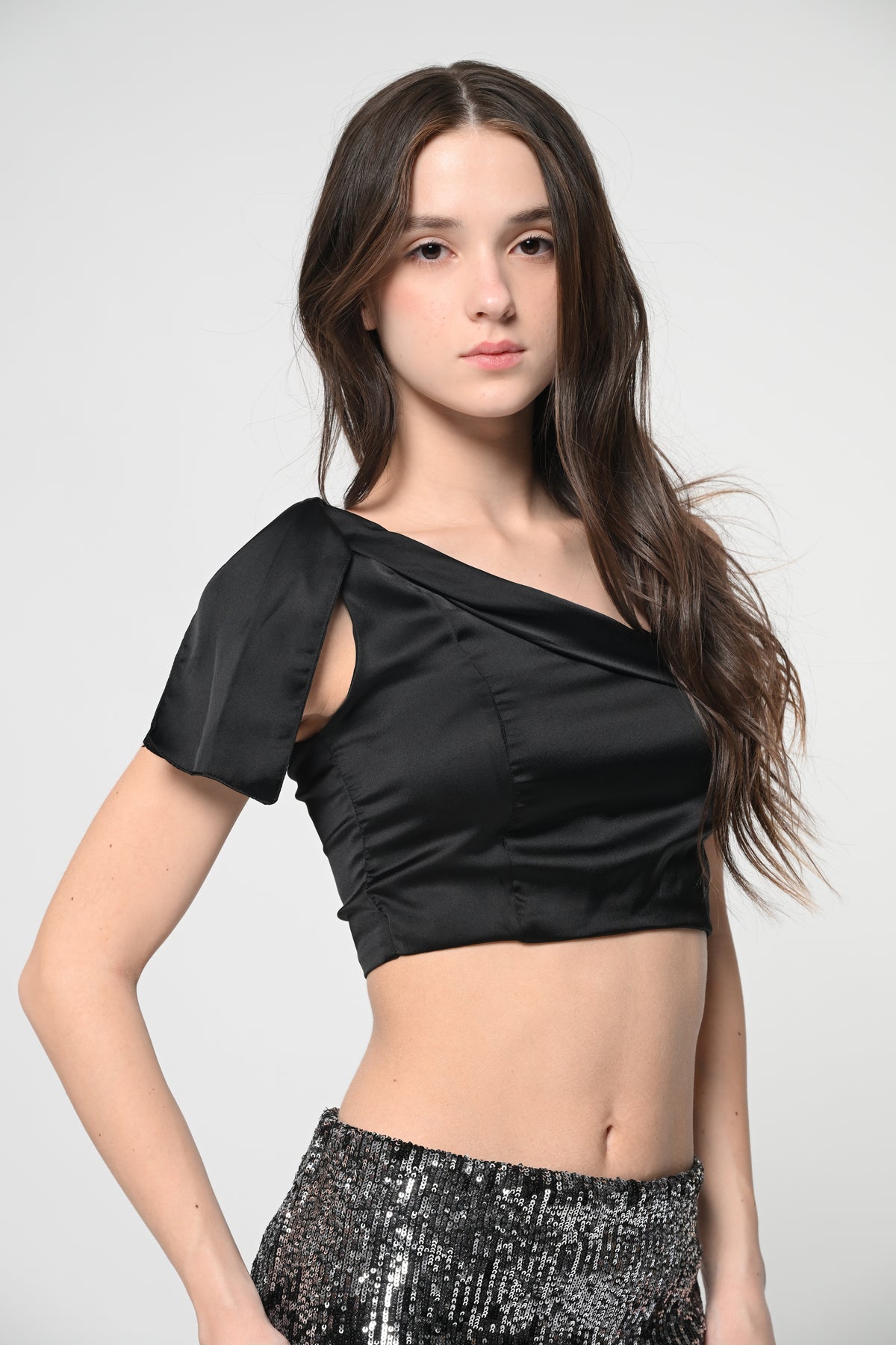 Black Satin One Shoulder Top