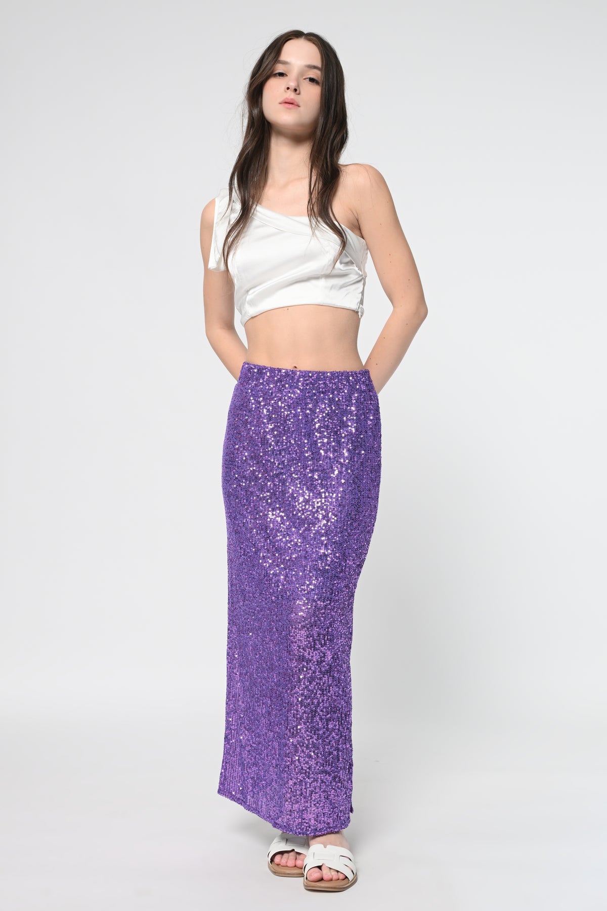 Purple Sequins Side Slit Skirt