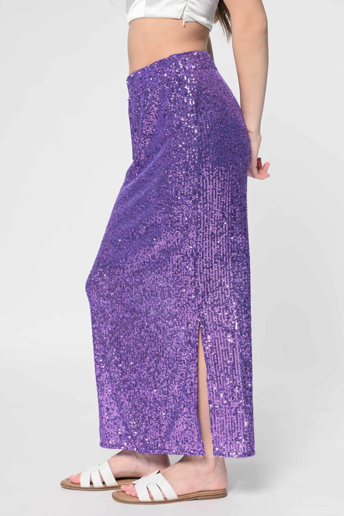 Purple Sequins Side Slit Skirt