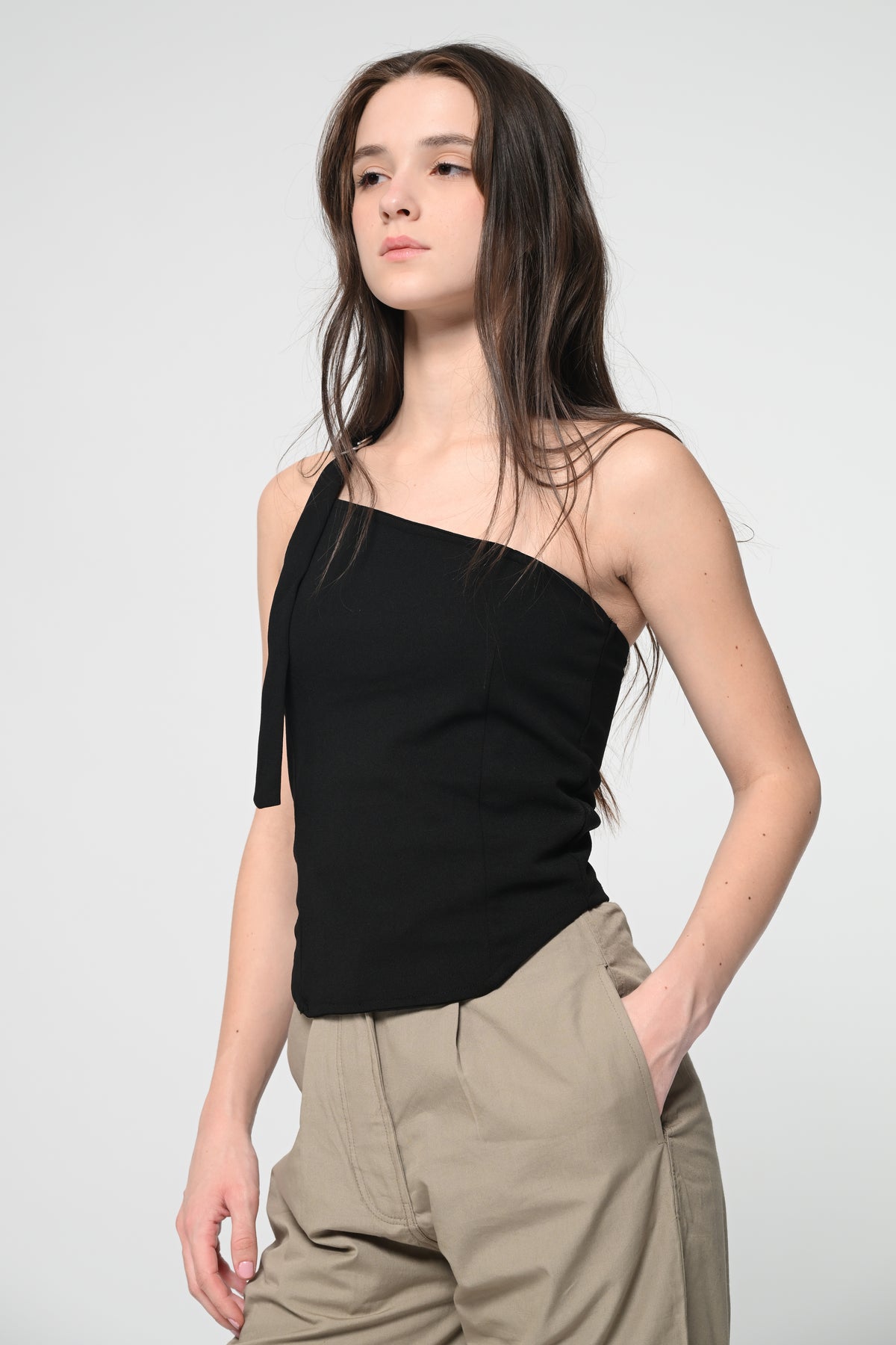 Black One Shoulder D Ring Top