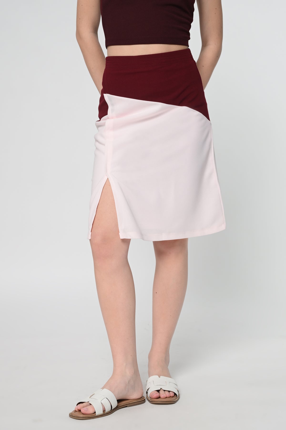 White Maroon Slit Skirt