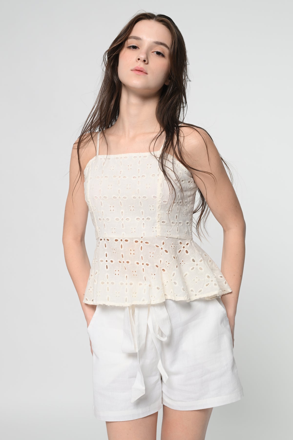 White Schiffli Peplum Top