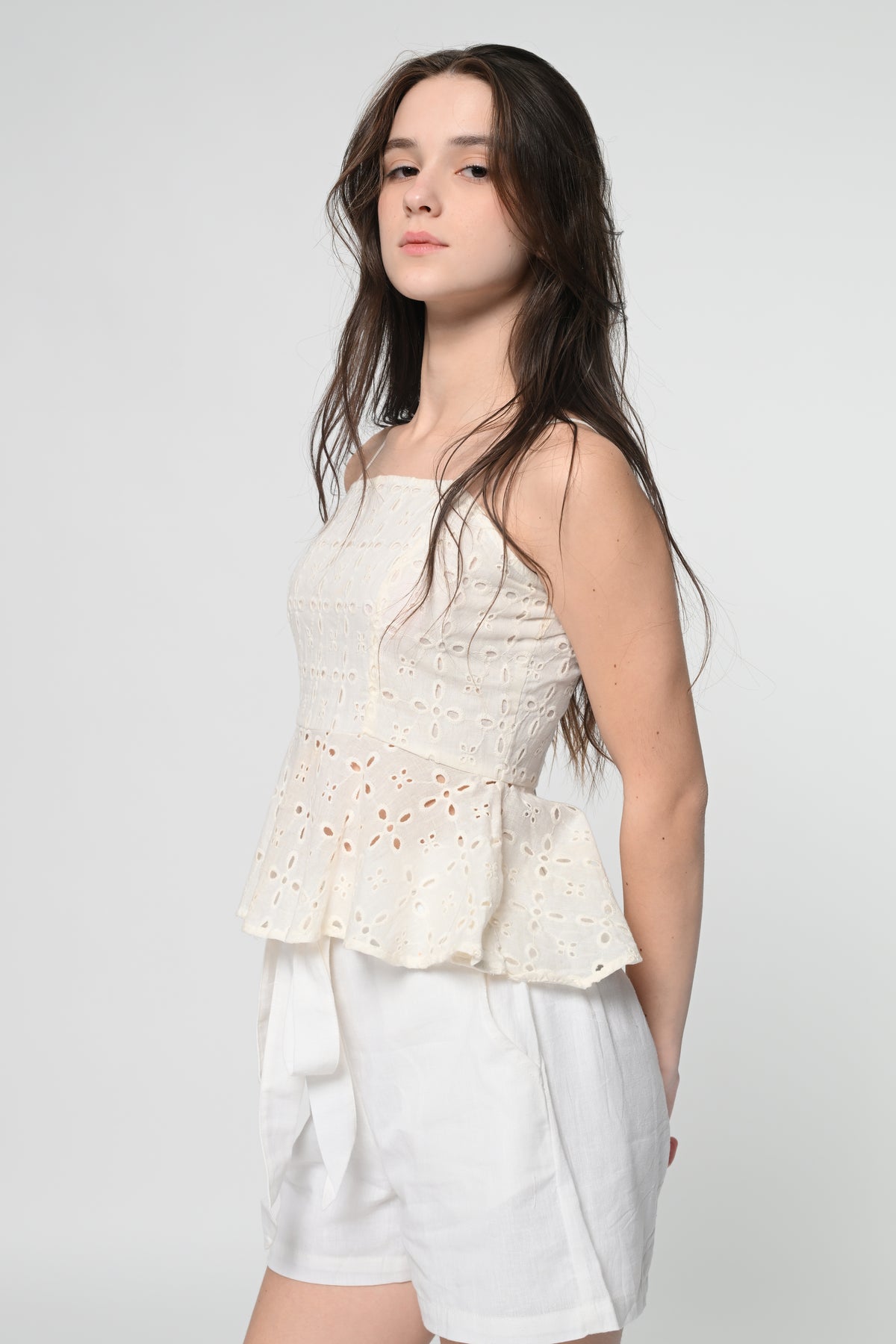 White Schiffli Peplum Top