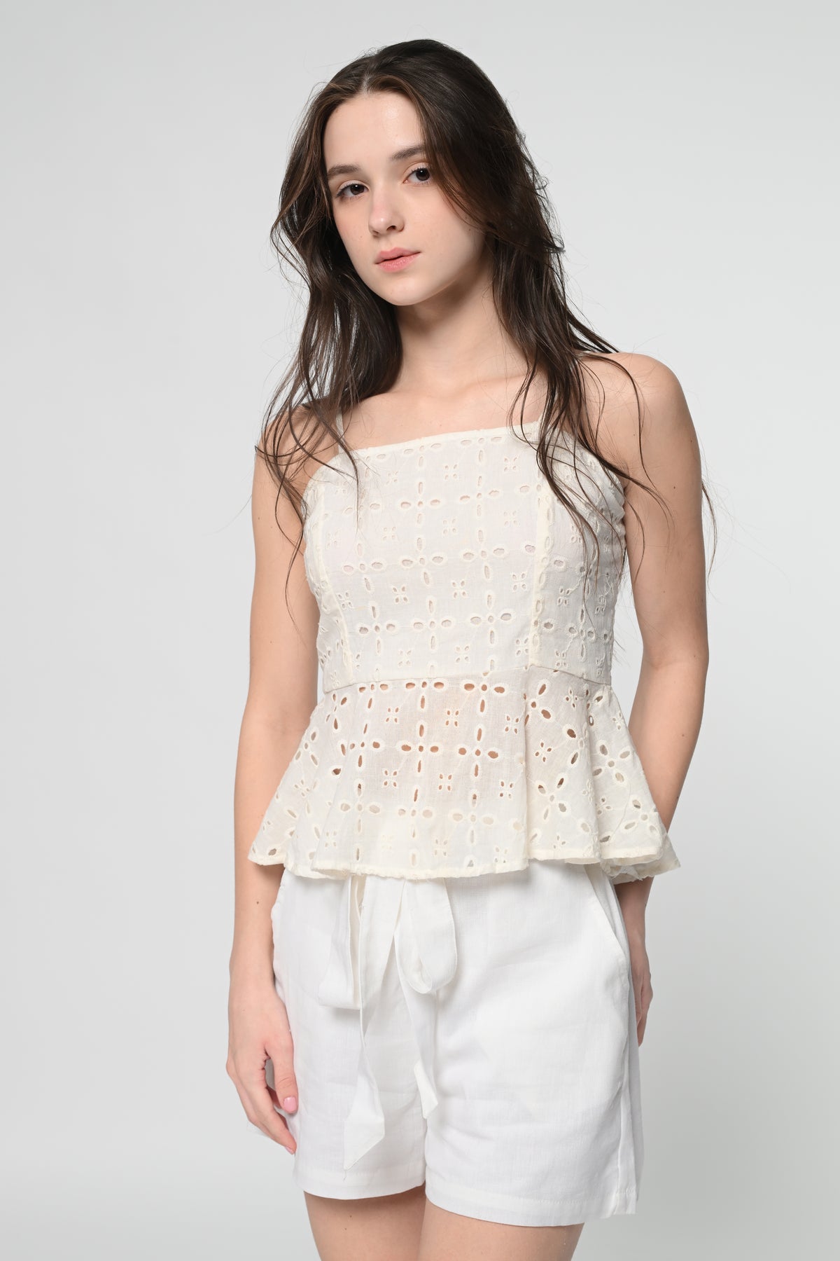 White Schiffli Peplum Top
