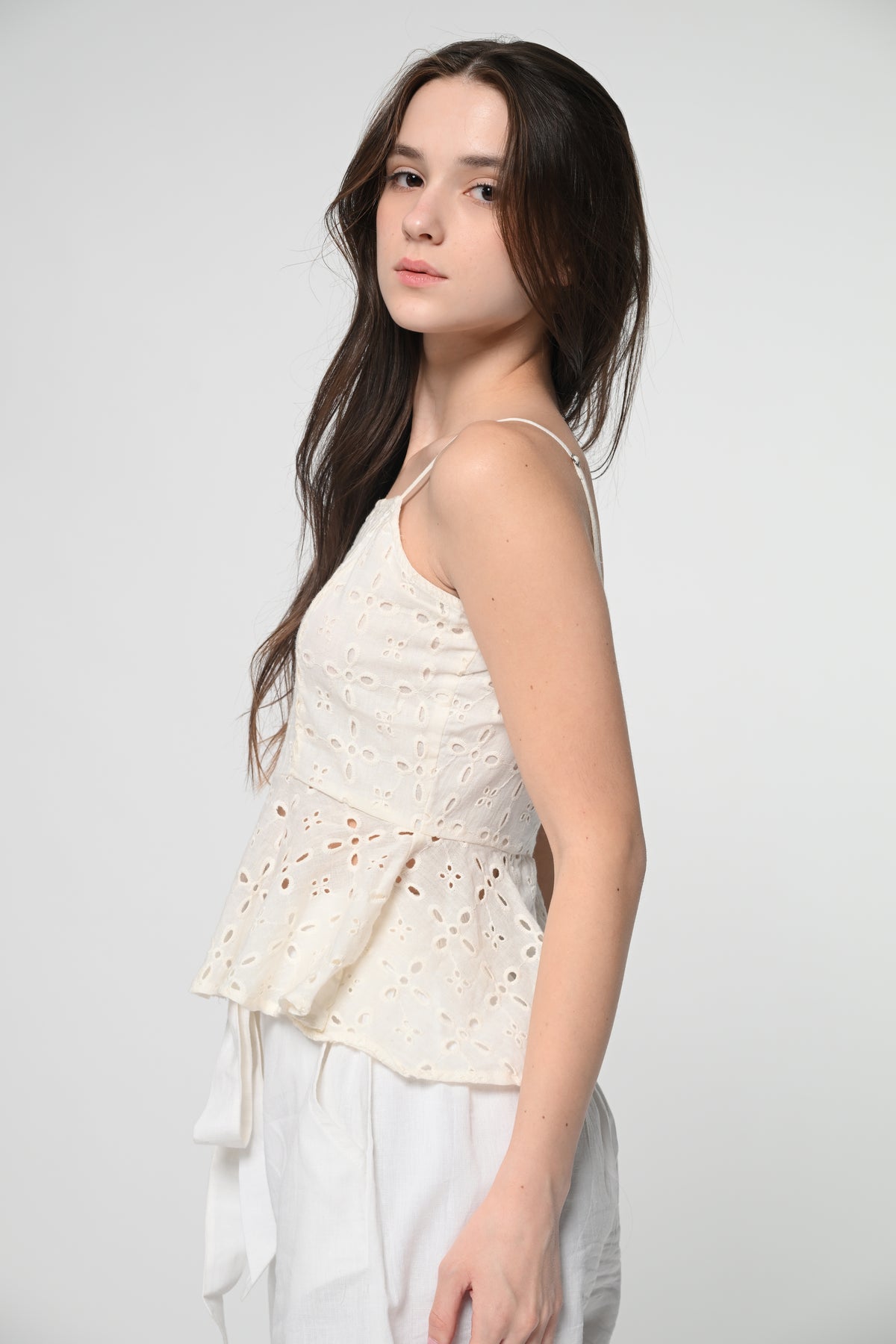 White Schiffli Peplum Top