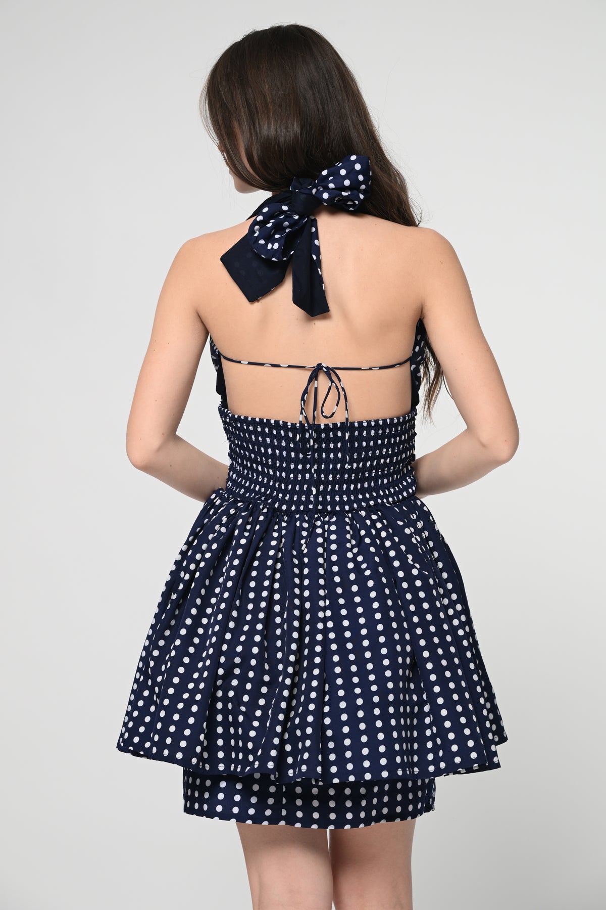 Navy Blue Polka Halter Mini Dress