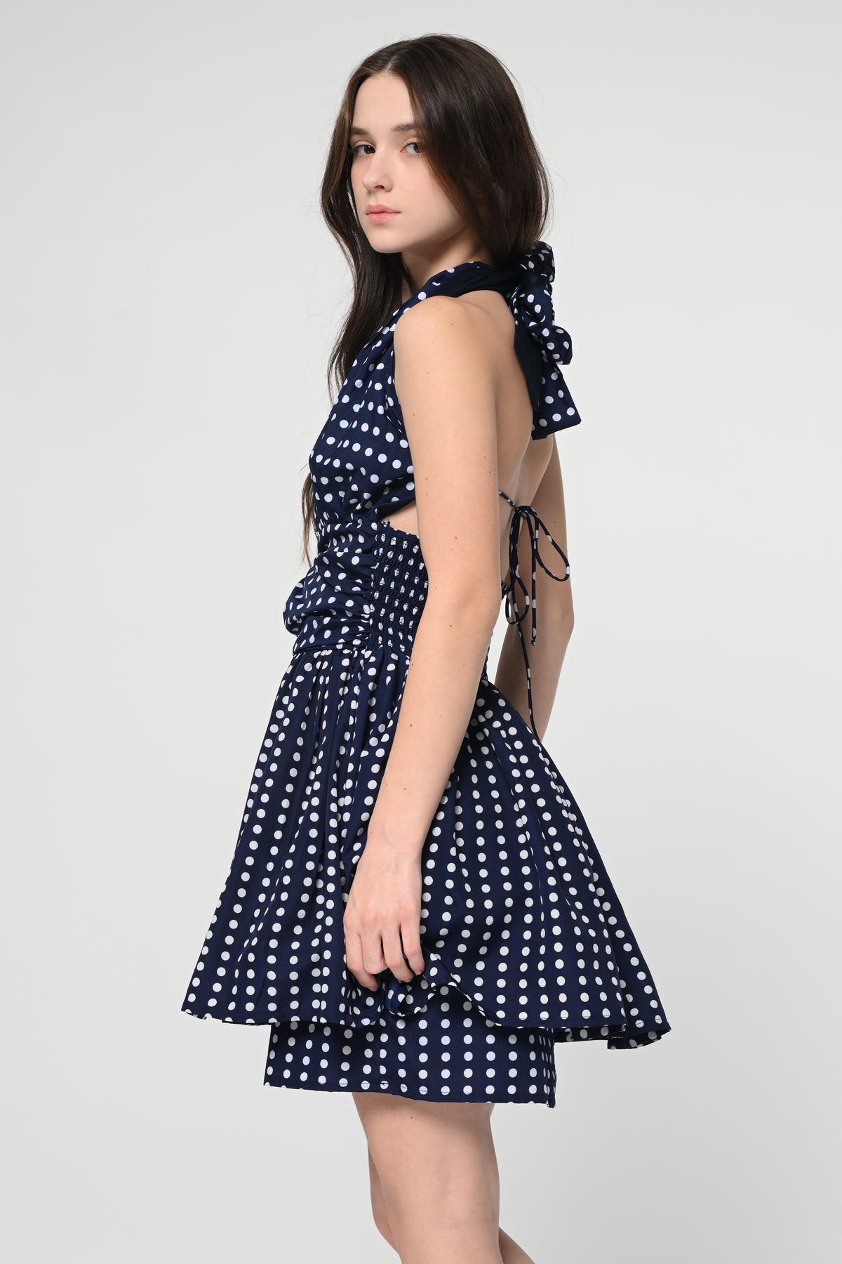 Navy Blue Polka Halter Mini Dress