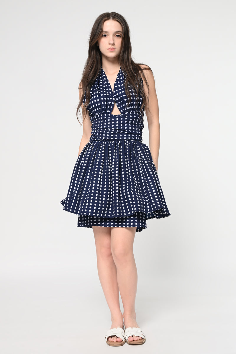 Navy Blue Polka Halter Mini Dress