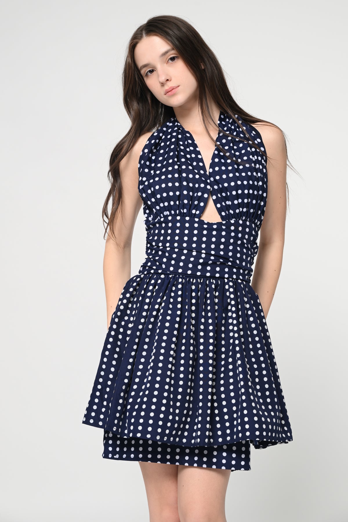 Navy Blue Polka Halter Mini Dress
