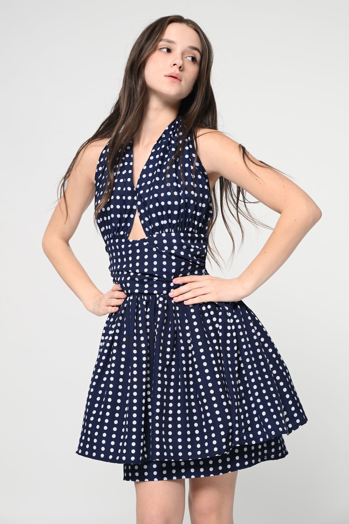 Navy Blue Polka Halter Mini Dress