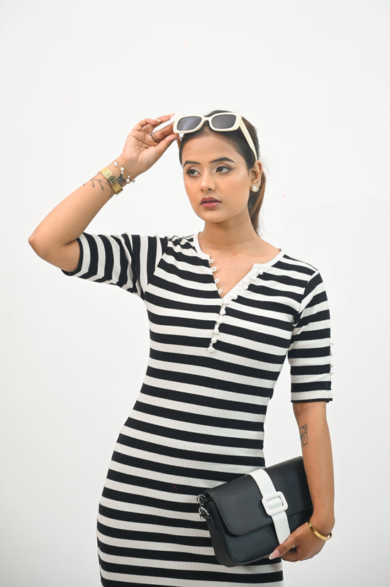 Stripe Pearl detail bodycon dress