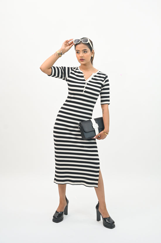Stripe Pearl detail bodycon dress