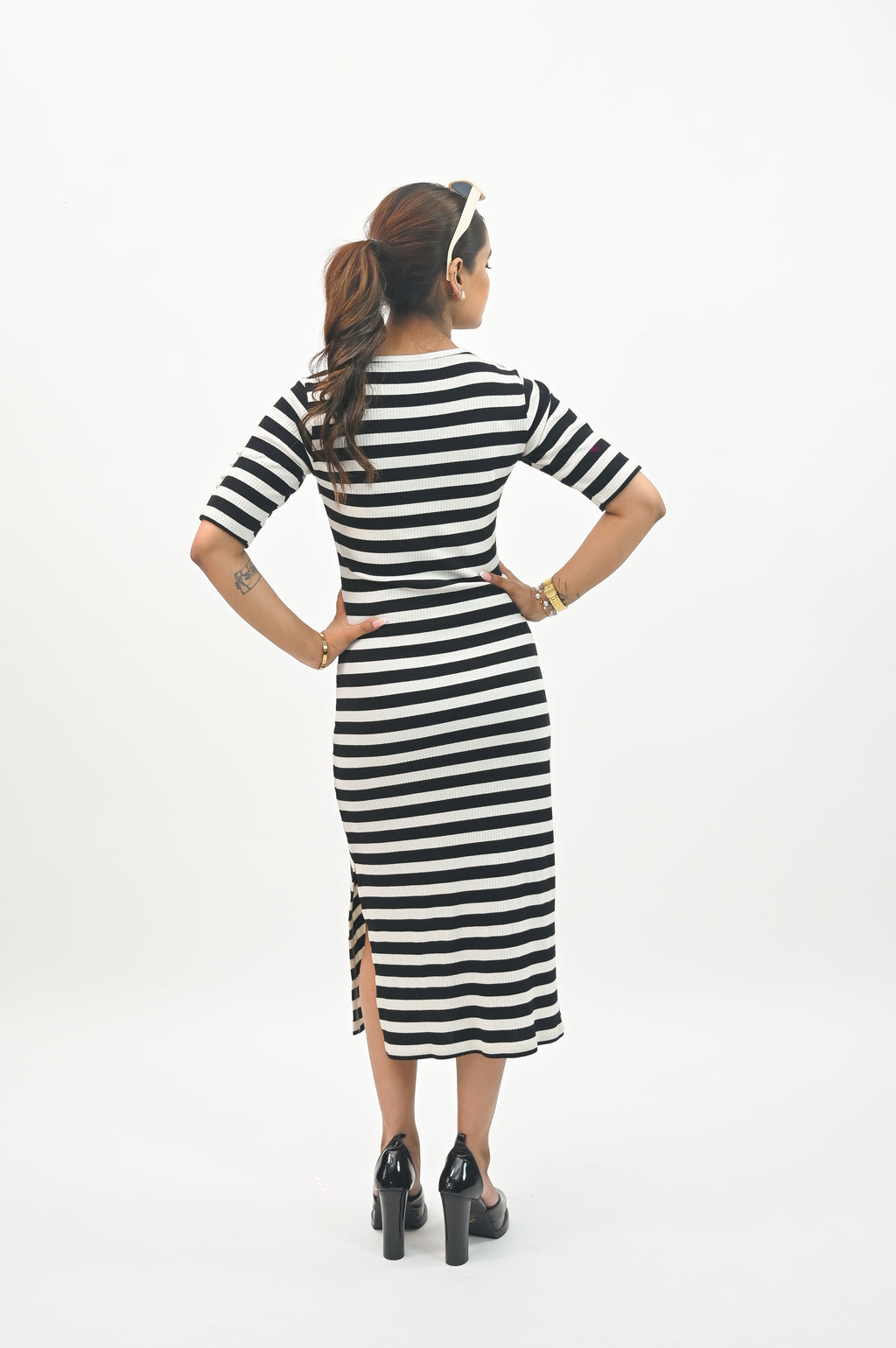Stripe Pearl detail bodycon dress