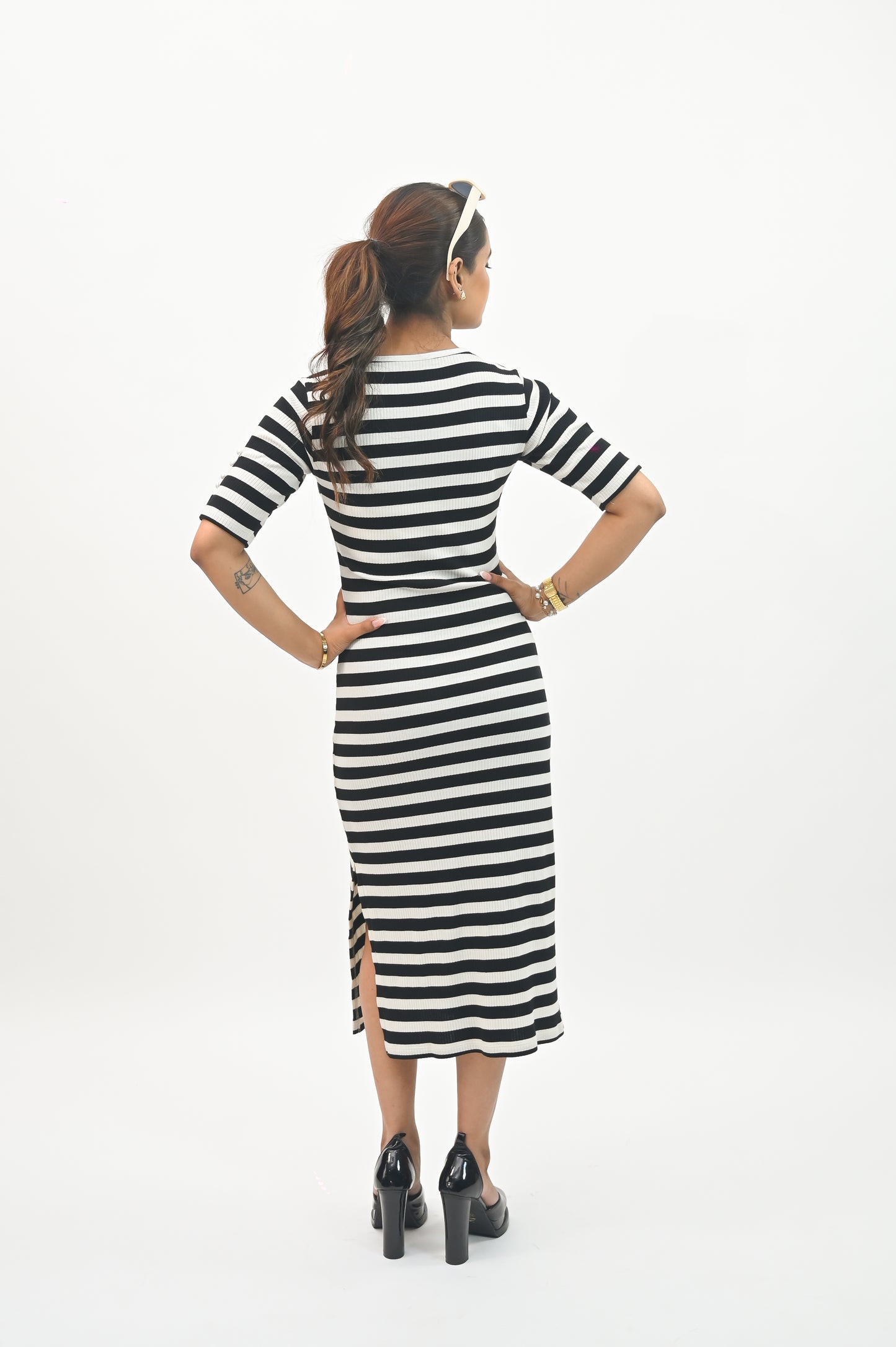 Stripe Pearl detail bodycon dress