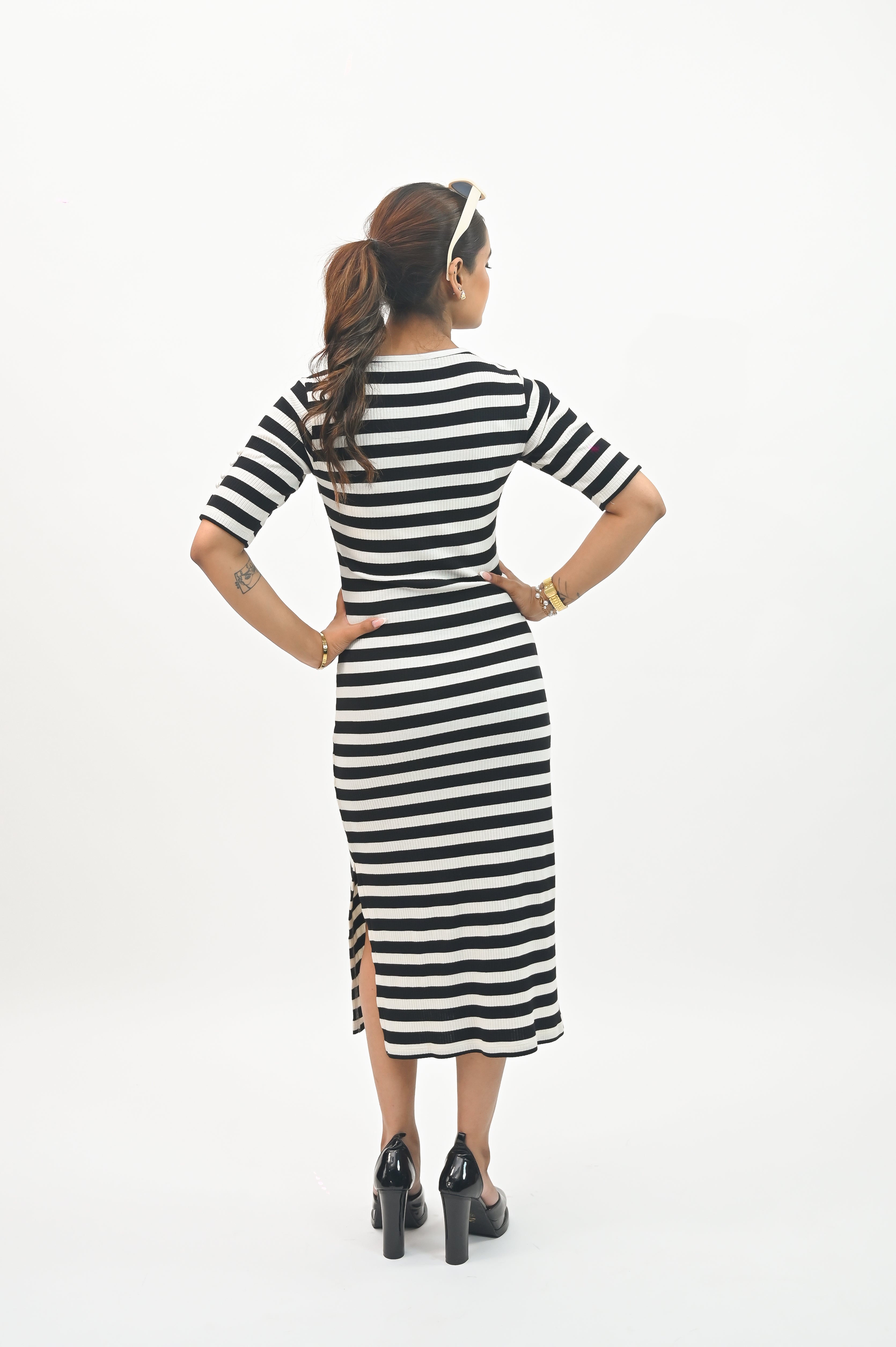 Stripe Pearl detail bodycon dress