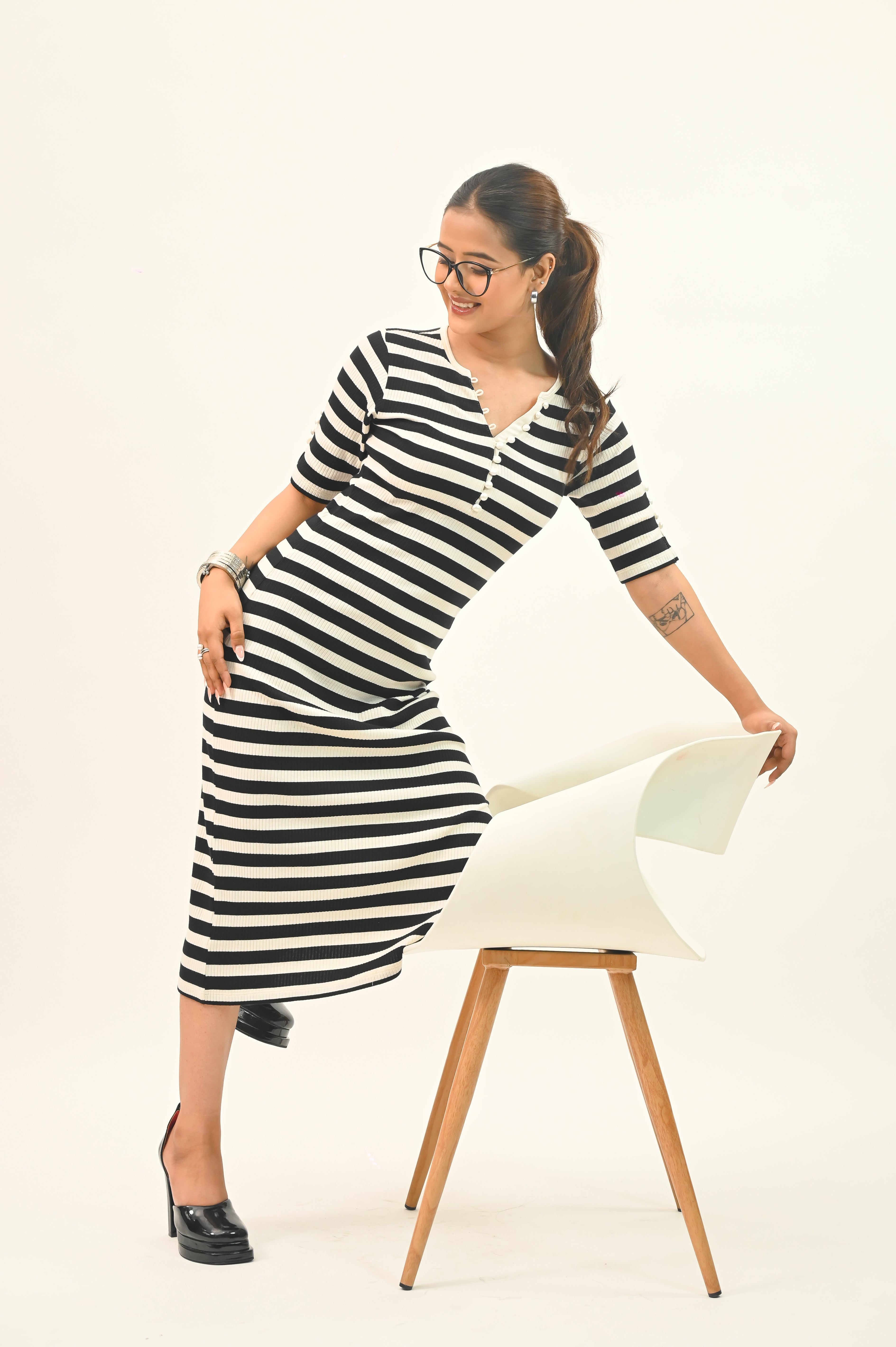 Stripe Pearl detail bodycon dress