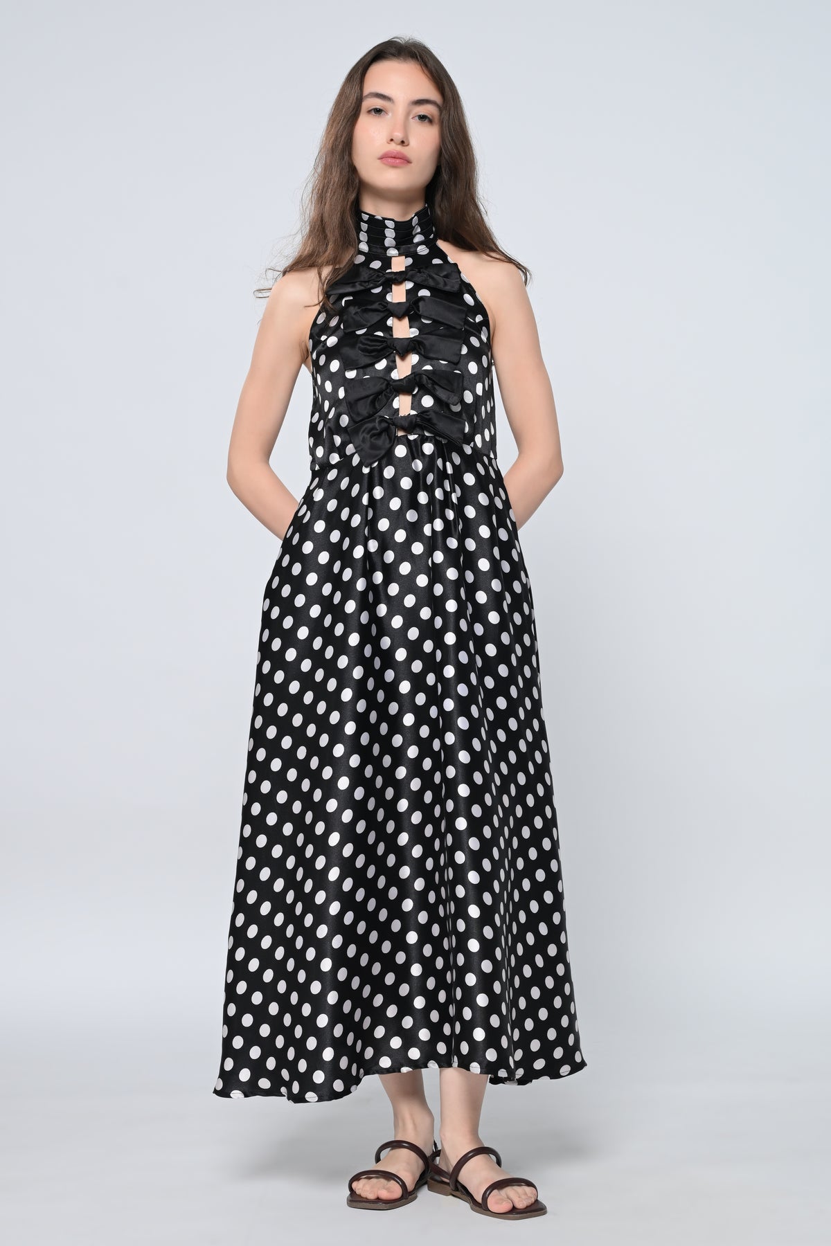 Polka Halter- Neck Bow Midi Dress