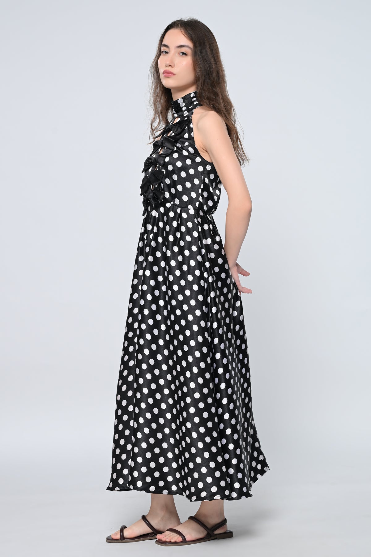 Polka Halter- Neck Bow Midi Dress