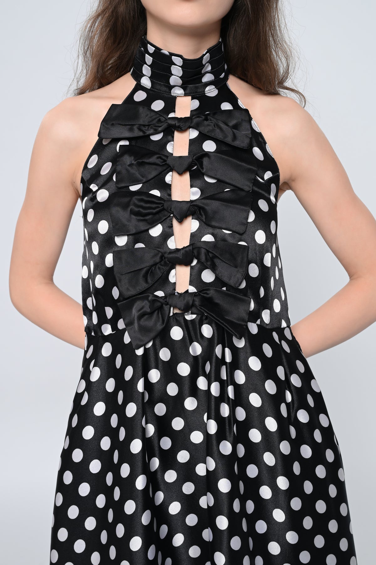Polka Halter- Neck Bow Midi Dress