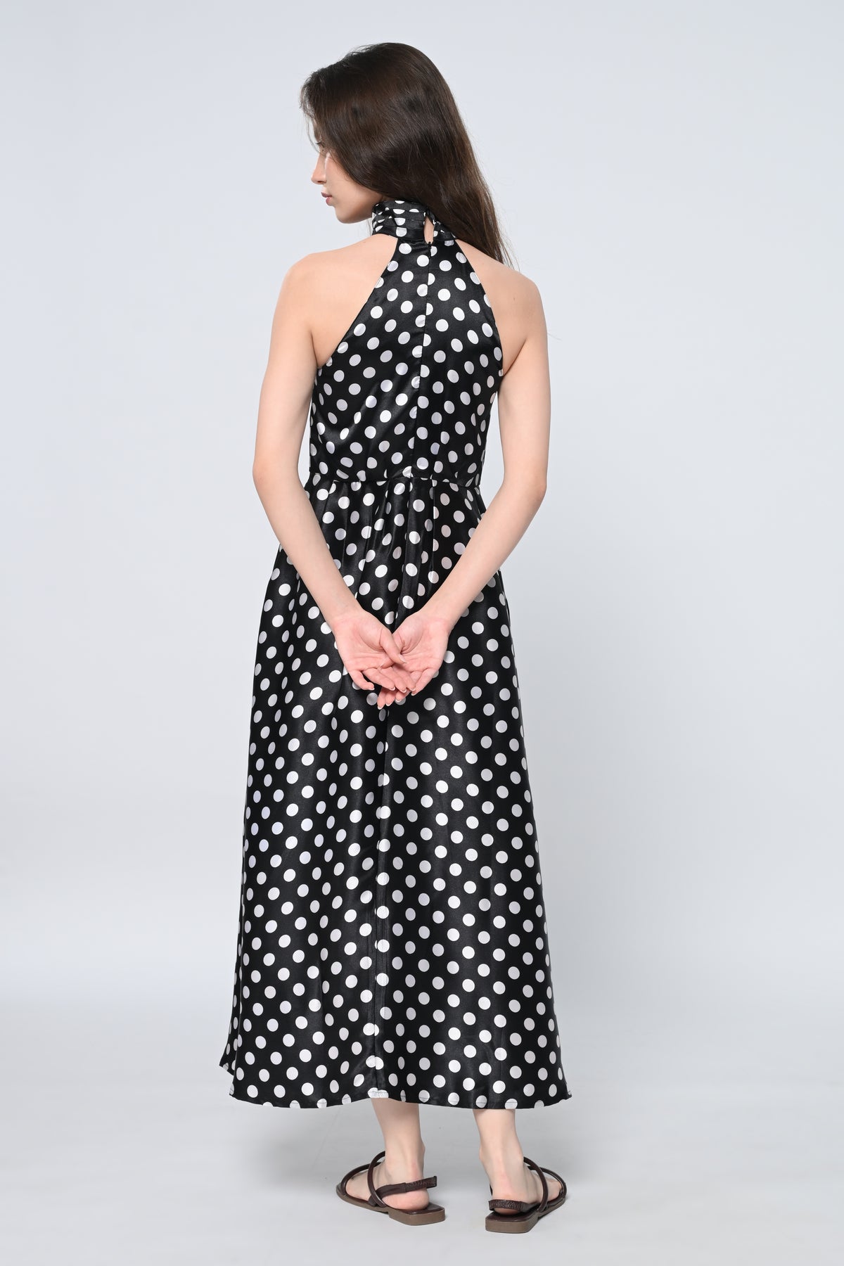 Polka Halter- Neck Bow Midi Dress
