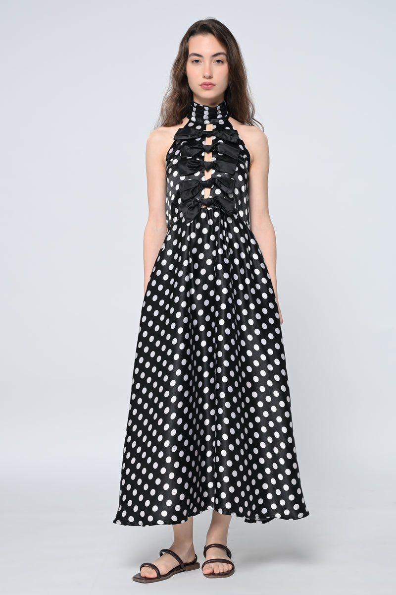 Polka Halter- Neck Bow Midi Dress